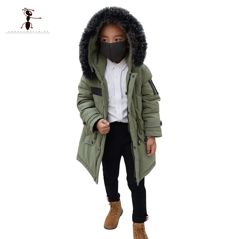 

Kung Fu 2017 Down Coat for Boys Fur Hooded Pockets Winter Warm Long Jackets Parkas Children Clothes Belt Army Purple GS886