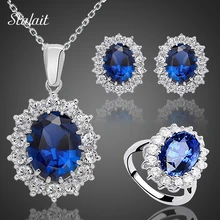 Wedding-Jewelry-Sets Necklace-Set Crystal-Stone Brides Silver-Color Blue Fashion Women