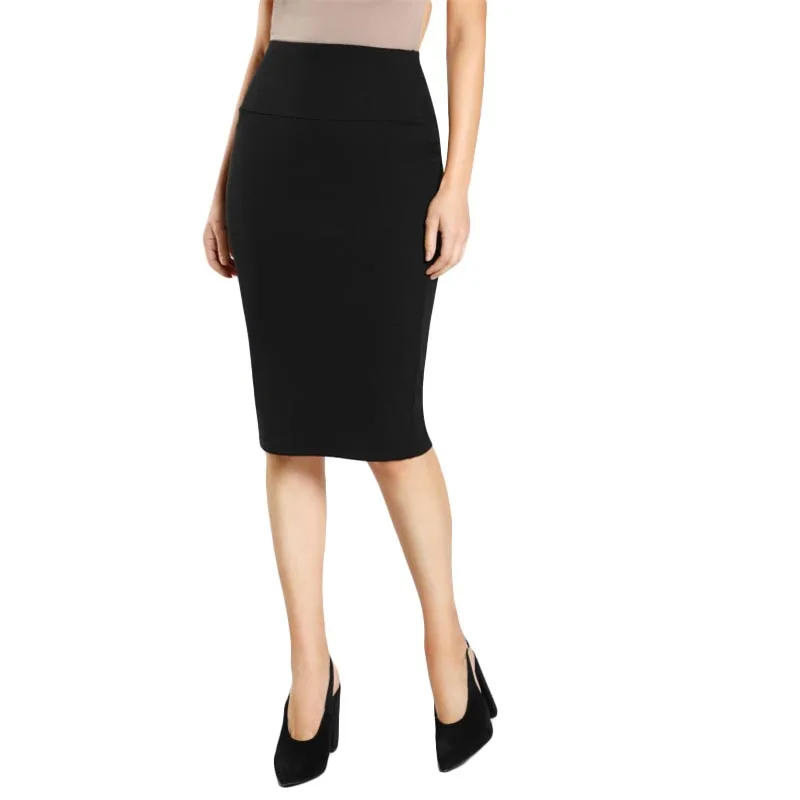 Sheinside, Офисная женская черная юбка-карандаш, средняя эластичная талия, длина до колена, простая юбка, Женская рабочая одежда, элегантная Осенняя юбка - Цвет: Черный