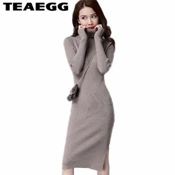 

TEAEGG Meduim Long Woman Dress Plus Size 3XL Vestidos Mujer Turtleneck Robe Femme Elasticity Autumn Winter Dresses Brazil AL40