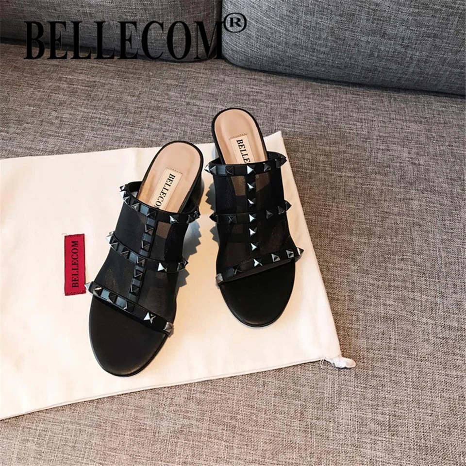 

BELLECOM 2019 summer mesh broiled horse sandals foal calf rivet open-toe thick heel temperament slippers