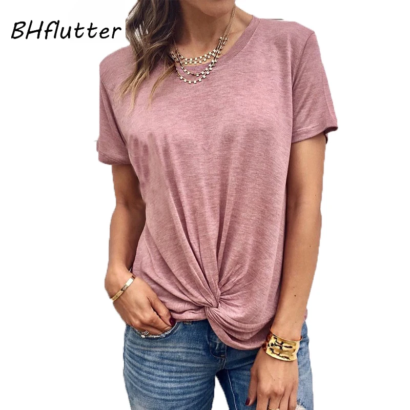BHflutter, новинка, женские футболки с круглым вырезом и передним узлом, Повседневная футболка, футболка, Женская Базовая летняя футболка с коротким рукавом, топы, блузы
