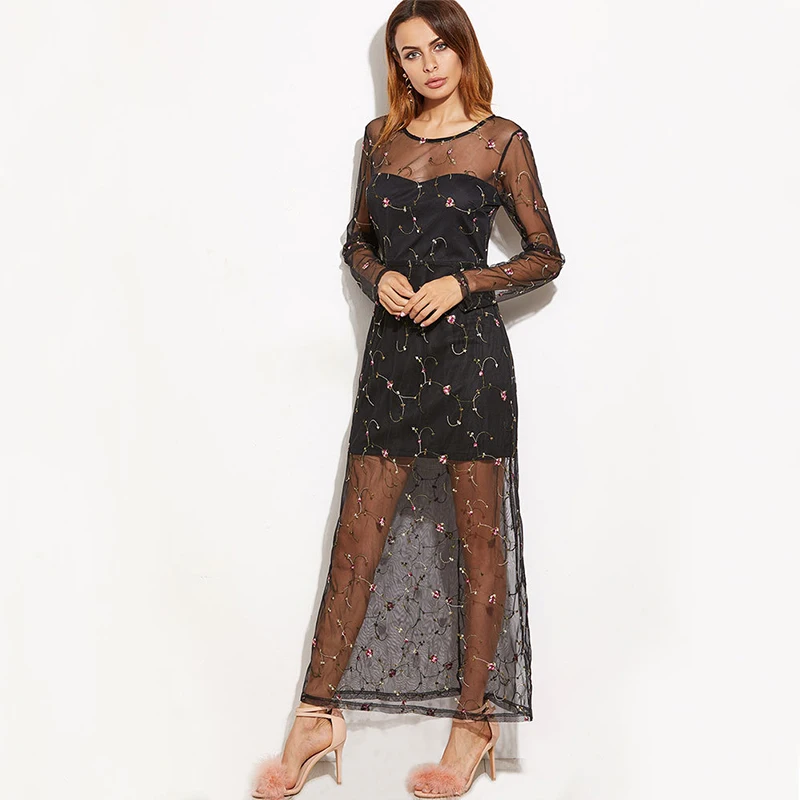 

MUXU sexy embroidery black dress womens backless summer suspender dress fashion transparent embroidery dress robe clothes floral