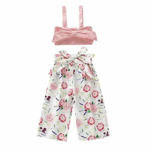 Летняя Милая модная жилетка с цветочным принтом и бантом для новорожденных девочек топ+ штаны, одежда с цветочным принтом