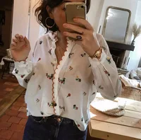 Elfbop 2019 New Ladies Cotton Long Sleeve Ruffle Neckline Embroidered Shirt Top - Latest Stylish Embroidery Blouse Shirt 1