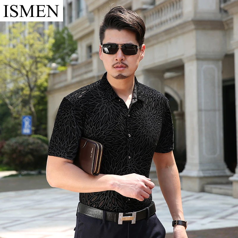 

ISMEN Summer Men's Short Sleeve Shirts Casual Shirt Velvet Hollow Out Chemise Homme Camisa Masculina Summer Clothing
