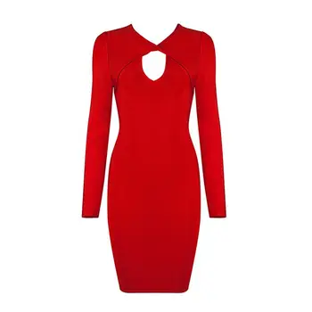 

Free Shipping New Arrival 2017 Red White Black Cut Out Sexy Women's Long Sleeve Bandage Dress for New Year Party