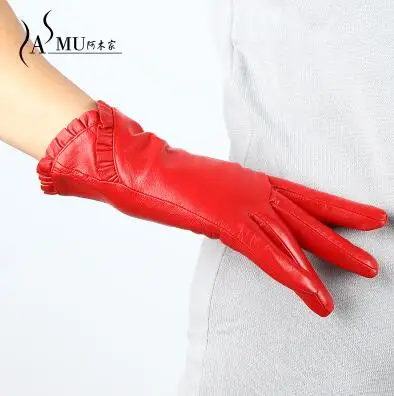 Перчатки для сенсорного экрана плюс бархатные теплые зимние перчатки женские кожаные перчатки женские модные брендовые перчатки для вождения варежки из овчины - Цвет: red