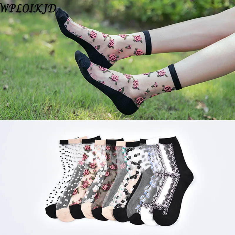 [WPLOIKJD] шелковые кружевные прозрачные носки с вышитыми цветами, стеклянные японские художественные носки Harajuku, Женская сетка Meias Calcetines Mujer