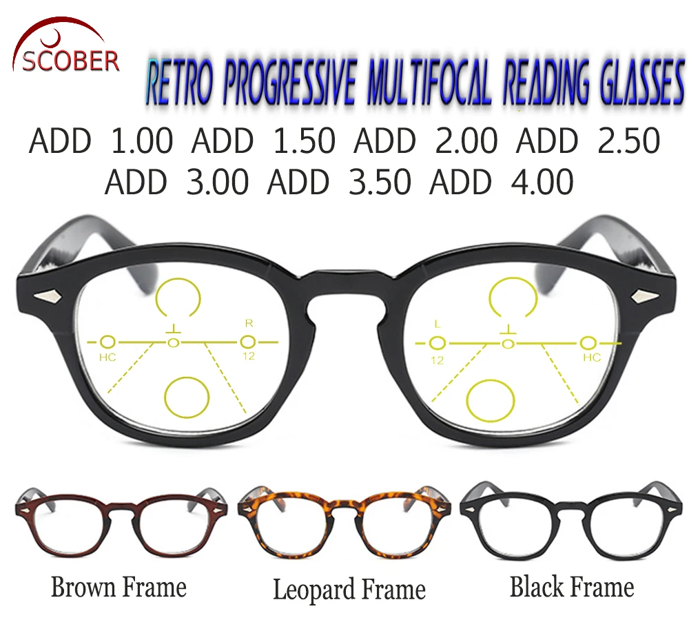 SCOBER = прогрессивные Мультифокальные очки для чтения, Классические Ретро Винтажные черные/коричневые очки с рамкой для глаз, видимый близкий и Дальний Топ, от 0 до+ 1 до+ 4
