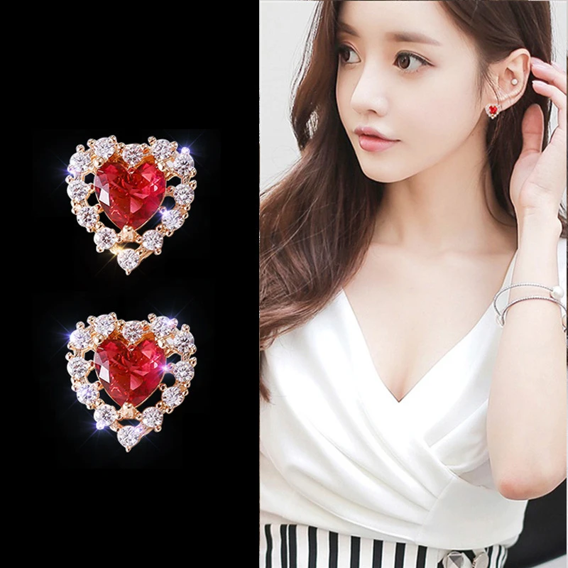 

ZHOUYANG Stud Earrings For Women Romantic Sweety Red Heart Shaped Cubic Zirconia Silver Color Party Gift Fashion Jewelry KBE267
