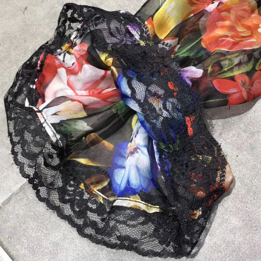 SEQINYY Silk Shirt 2019 Early Spring Summer Fashion New Long Sleeve Spliced Lace Pleated Bow Translucent Flowers Printed Blouse