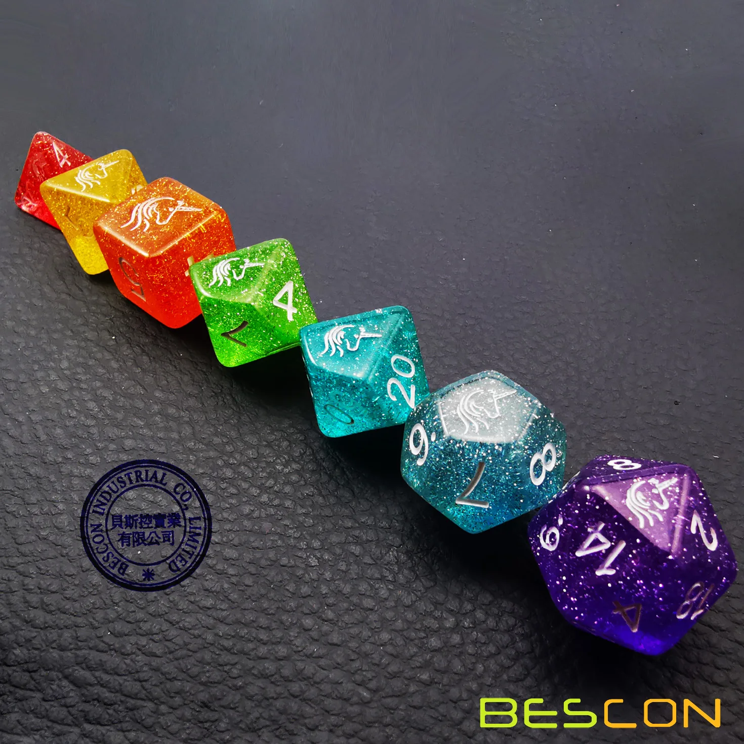Bescon Unicorns Rainbow Sparkled Polyhedral D&D Dice Set of 7 Colorful RPG Role Playing Game Dice 7pcs Set 6