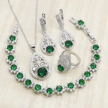 Зеленый Белый полудрагоценный 925 Серебряные Ювелирные наборы для женщин браслет ожерелье кулон серьги кольцо День рождения Свадебные ювелирные изделия