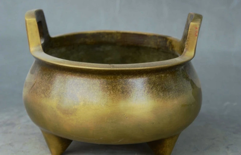 

5"Marked China Buddhism Brass Temple Tripod Handle Bronze Incense Burner Censer