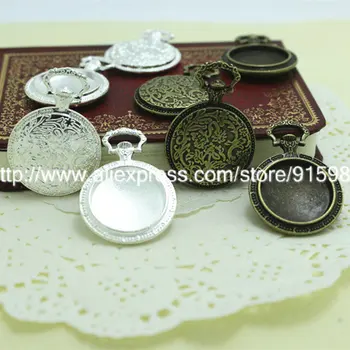 

Sweet Bell 10pcs Two color pocket watch round cabochon base pendant blanks settin 27*38mm(Fit 20mm) Metal Jewelry Blanks 7C1191