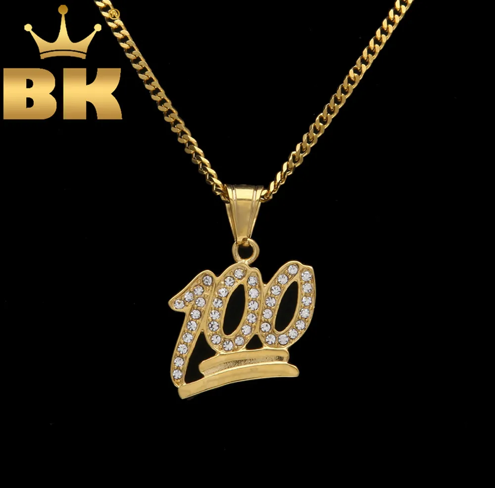 

Women Mens Necklace One Hundred Percent Pendant Gold Color Number 100 Emoji Bling Rhinestones Cuban Chain Hiphop Jewelry