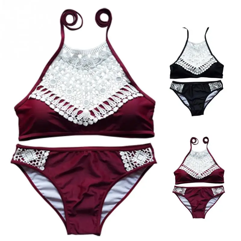 Black Wine Red Lace Cropped Swimsuit High Neck Tank Bathing Suit Beach ...