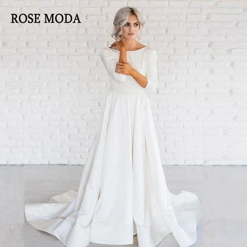 

Rose Moda Classic Long Sleeves Wedding Dress with Train Backless Vintage Wedding Dresses Custom Make