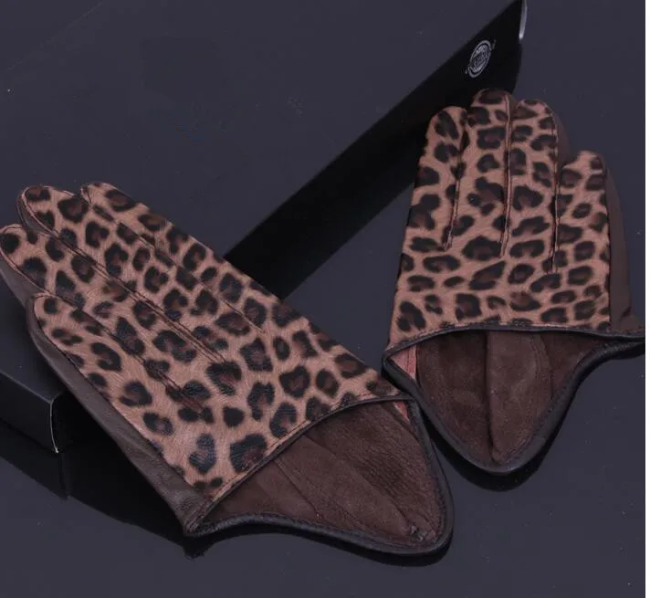 Для женщин из натуральной овчины кожаная леопардовая расцветка на половину ладони/ступни Перчатки женский натуральная кожа модные