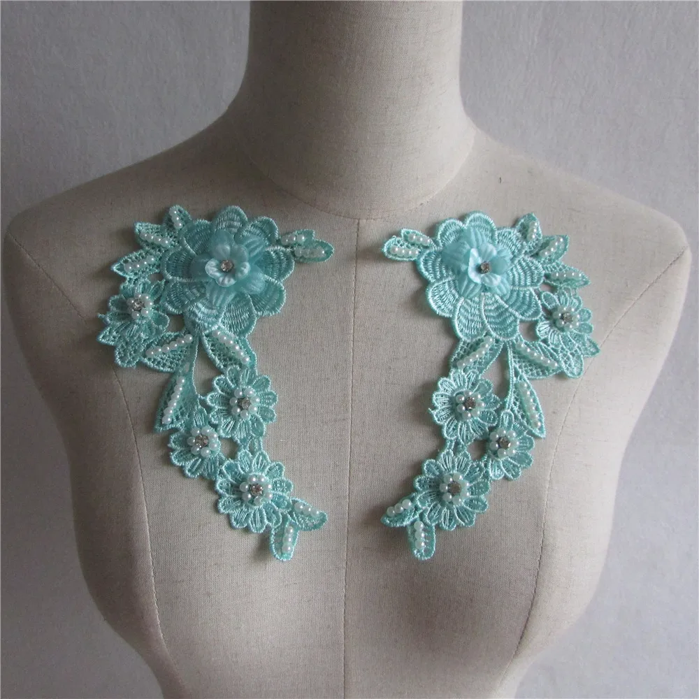 New style lake blue Floral Applique pearl Decorated DIY Lace Collar