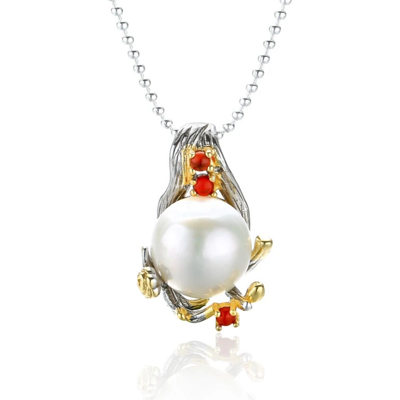 

Sterling 925 silver pearl flower pendant charms handmade baroque style natural 13mm pearl red agate pendant for women jewelry