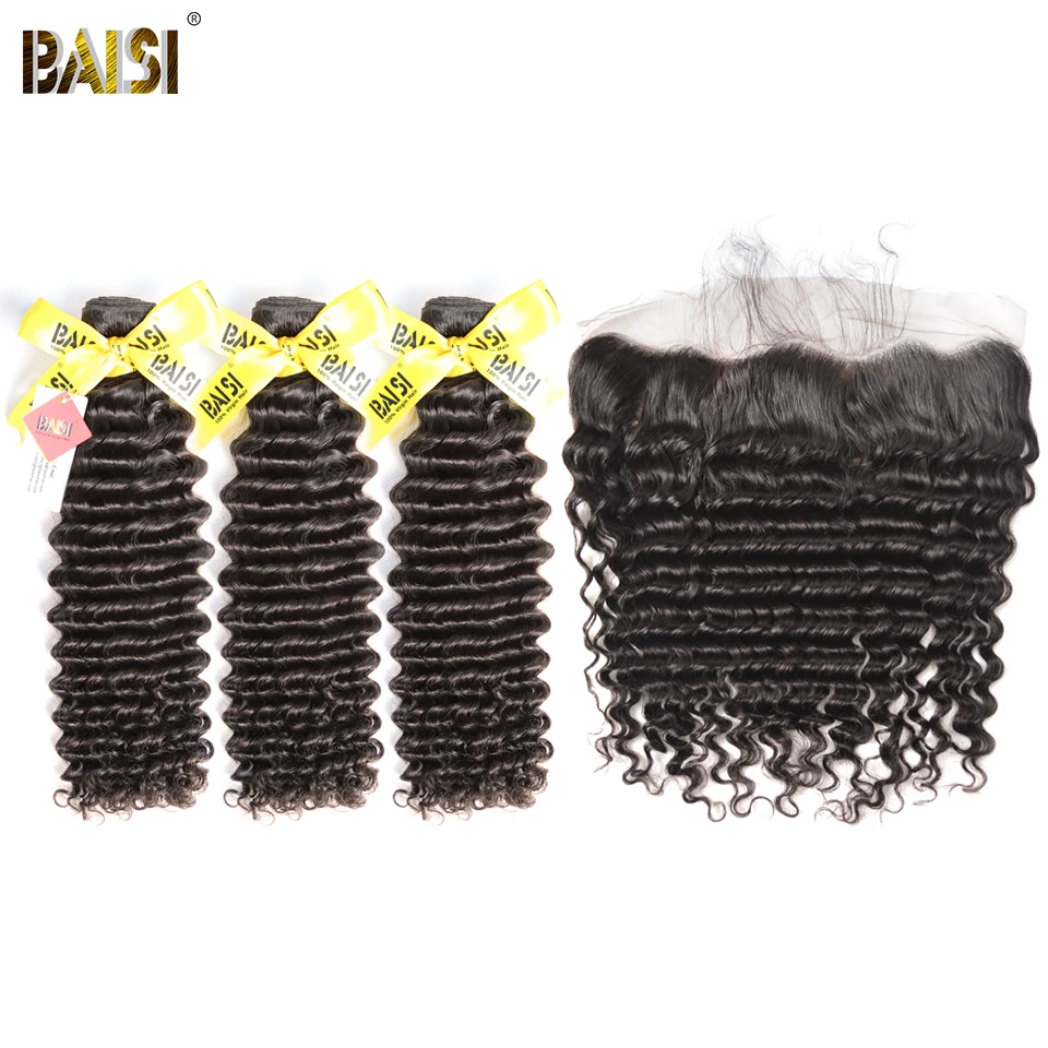 BAISI волосы малазийские девственные глубокие волнистые волосы 100% необработанные человеческие волосы 3 пучка с фронтальной