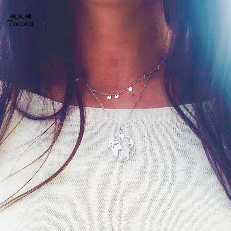 

Tocona Bohemian Antique Silver Globe Map Sequins Pendant Chokers Necklaces Multi Layer Necklace Collar for Women Jewelry 4269