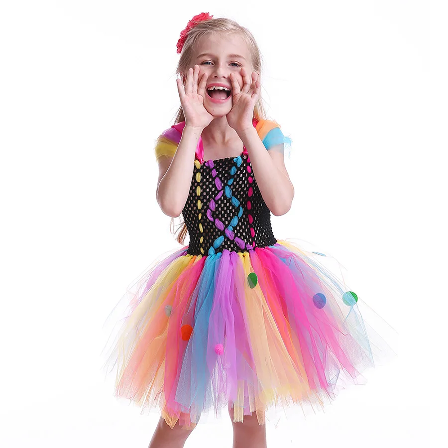 Girls Rainbow Fancy Halloween Tutu Dress Princess Handmade Multi Coloured Tulle Clothing Children Cosplay Clown Pageant Costume (6)