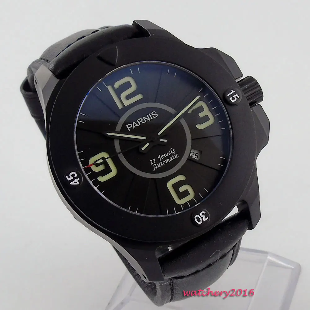  Newest 47mm Parnis black dial sapphire glass Date window PVD Case Luminous Hands 21 jewels Miyota A
