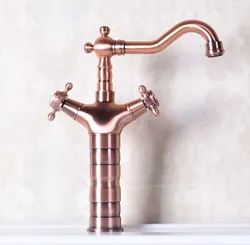Antique Red Copper Brass Dual Cross Handles Bathroom Kitchen Basin Sink Faucet Mixer Tap Swivel Spout Deck Mounted mnf128