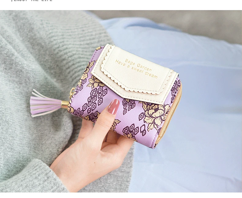 Модный женский маленький кошелек с кисточками из мягкой кожи с цветочным рисунком, женская сумка для денег, держатель для карт, двойные женские кошельки, Дамский Мини Кошелек для монет