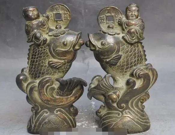

S06126 Chinese Feng Shui Bronze Boy Girl Fish Goldfish Wealth Statue Sculpture Pair