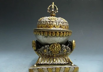 

USPS to USA S2784 9" Tibet Buddhism Silver inlay 24K Gild skull cup