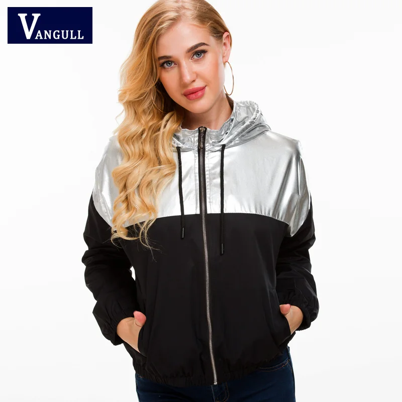 Vangll اثنين من لهجة معدنية هوديي سترة 2018 جديد اللون كتلة الرباط النساء الملابس قمم سستة معطف خليط الفضة سترات