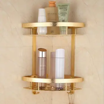 

Bathroom golden Aluminium wall mount 2 tier Soap Basket Bath Shower Shelf Basket Holder building material 8417
