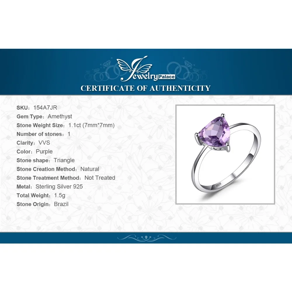 JewelryPalace триллион 1.1ct натуральный Фиолетовый аметист пасьянс кольцо 925 пробы Серебро для женщин модные украшения большая акция