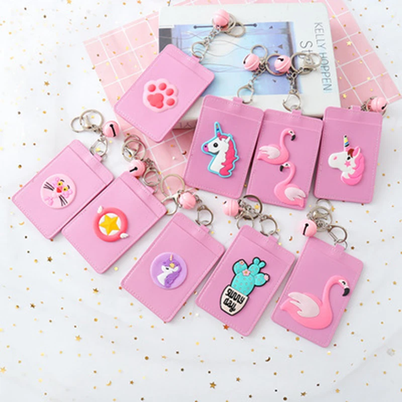 

Cartoon Unicorn Flamingo PU Leather Card ID Holders Bag Women Travel Bank Bus Credit Card Holder Keyring Key Wallet Chain Case