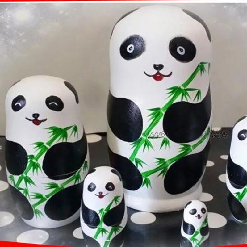 Russian Nesting Dolls 5-Piece Panda Handmade Wooden Stacking