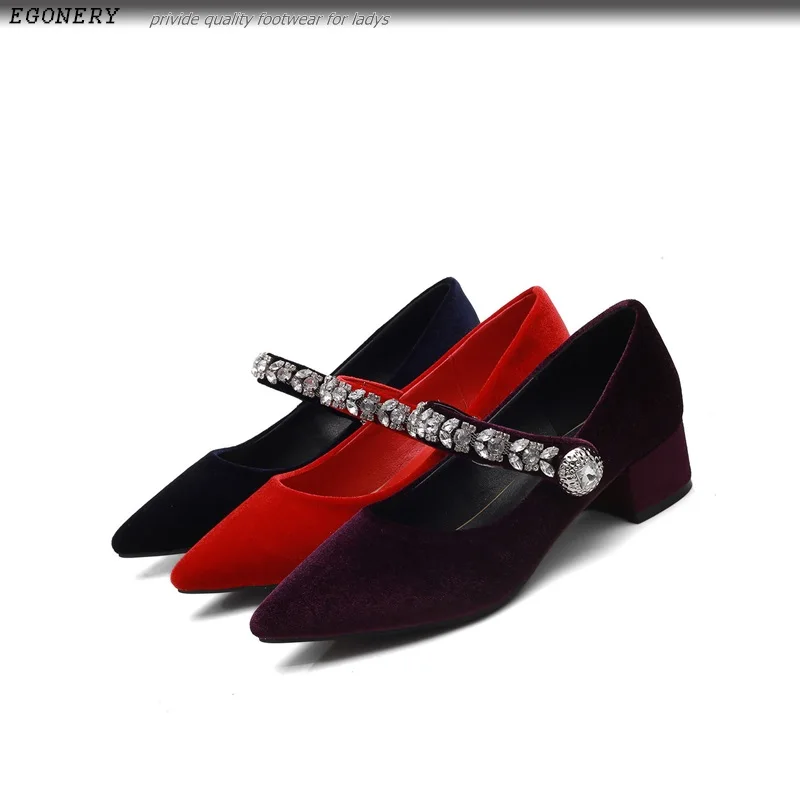 EGONERY/Обувь для офиса; женские туфли-лодочки «Мэри Джейн» туфли-лодочки; Лиловый цвет; синий, черный, красный цвет шнура с украшением в виде кристаллов ботинки с бусинами; сезон весна; 3 см на низком каблуке; обувь из флока