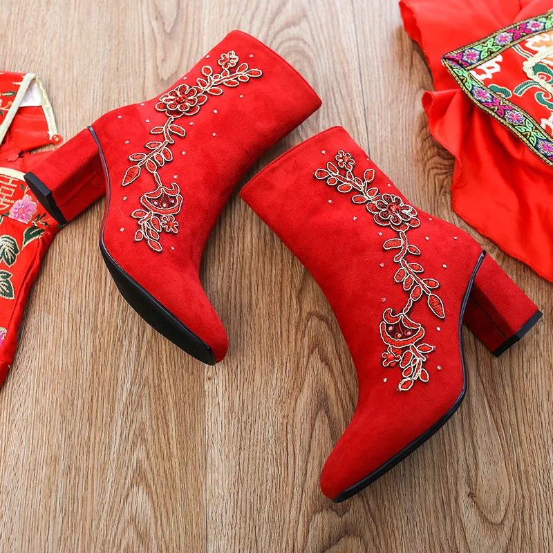 Для женщин Свадебные сапоги женские туфли на высоком каблуке Ботильоны красный цветок Дамская обувь женщина на осень-зиму сапоги большие размеры 43 - Цвет: Красный
