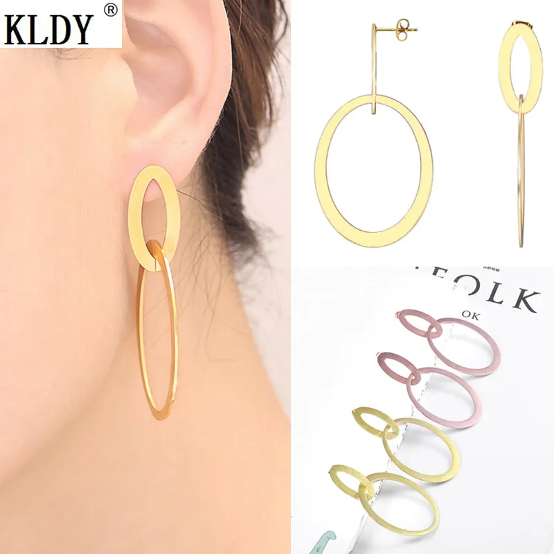 KLDY Rose Gold/Gold Color Big Round Earrings double circle drop stainless steel Simple For Women Accessories Jewelry | Украшения и