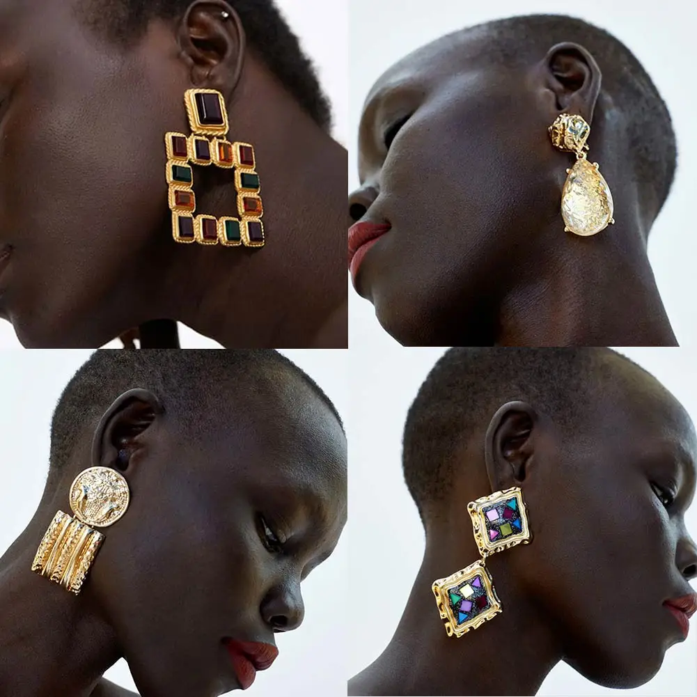 

2019 Geometric Statement Za Earrings For Women Vintage Luxury Crystal Drop Earrings Jewelry Female Indian Ethnic Party Earrings