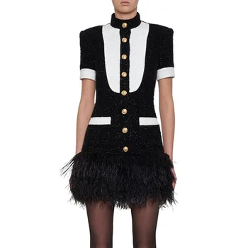 

Fashion socialite feng liang silk tweed semi-high collar and short sleeve, color contrast hem Patchwork feather dresses for wom