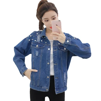 

Pearls Beading Ripped Hole Cowboy Jeans Jacket Women Bomber Coat 2019 Vintage Spring Denim Coat Casual Short Loose Outwear D692