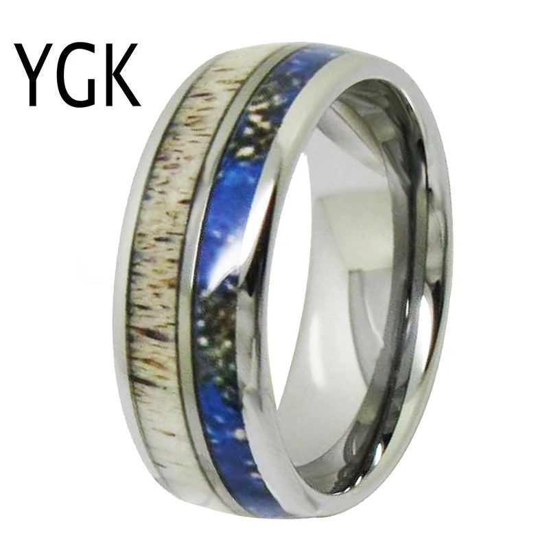 

YGK Wedding Jewelry Deer Antler Inlay Silver Dome Tungsten Rings for Men's Bridegroom Wedding Engagement Anniversary Ring