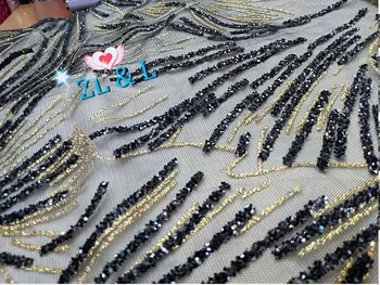 

Golden Glitter sequins glued French mesh gauze ZLL-0295 fabric African lace suitable for wedding dresses