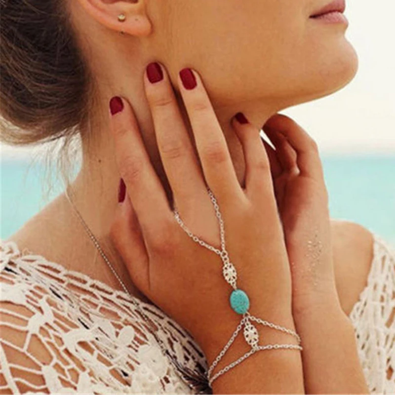 

Natural Stone Celebrity Multi Chain Tassel Bracelet Slave Finger Chain Hand Harness Silver Color Bangle Bohemian Jewelry