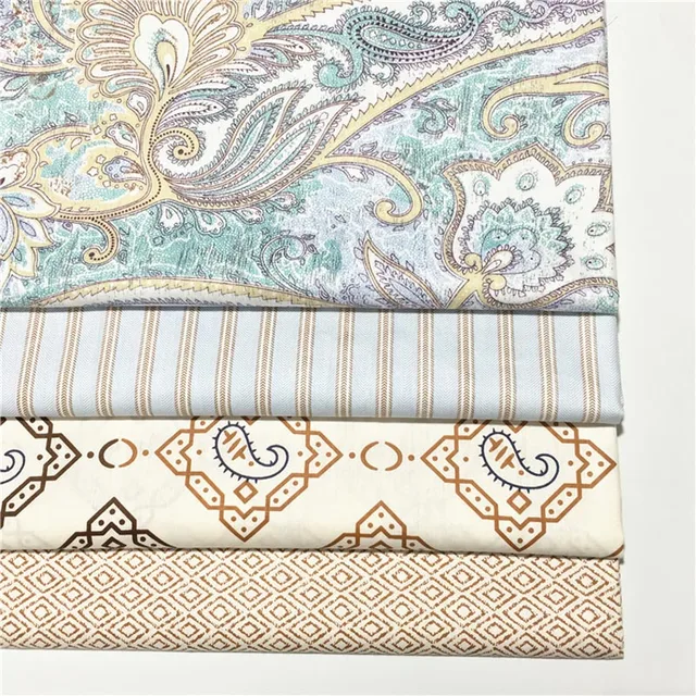 100 Cotton Twill Cloth Retro Green Cream Paisley Stripe Brown