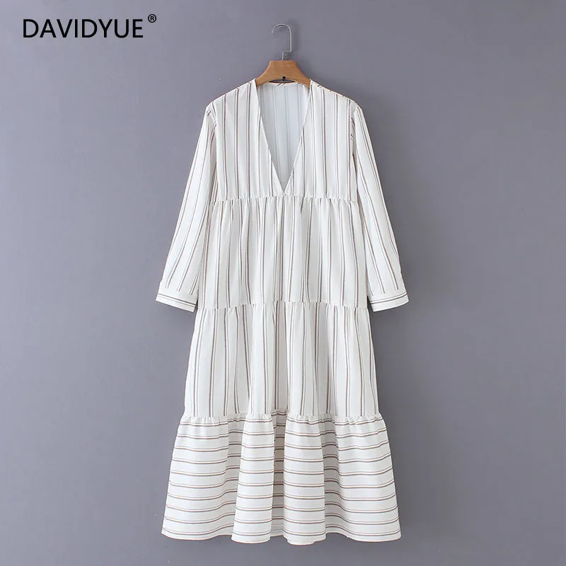 

Summer dress 2019 casual beach white dress women striped dress deep v neck long sleeve ladies dress pleated maxi vestidos